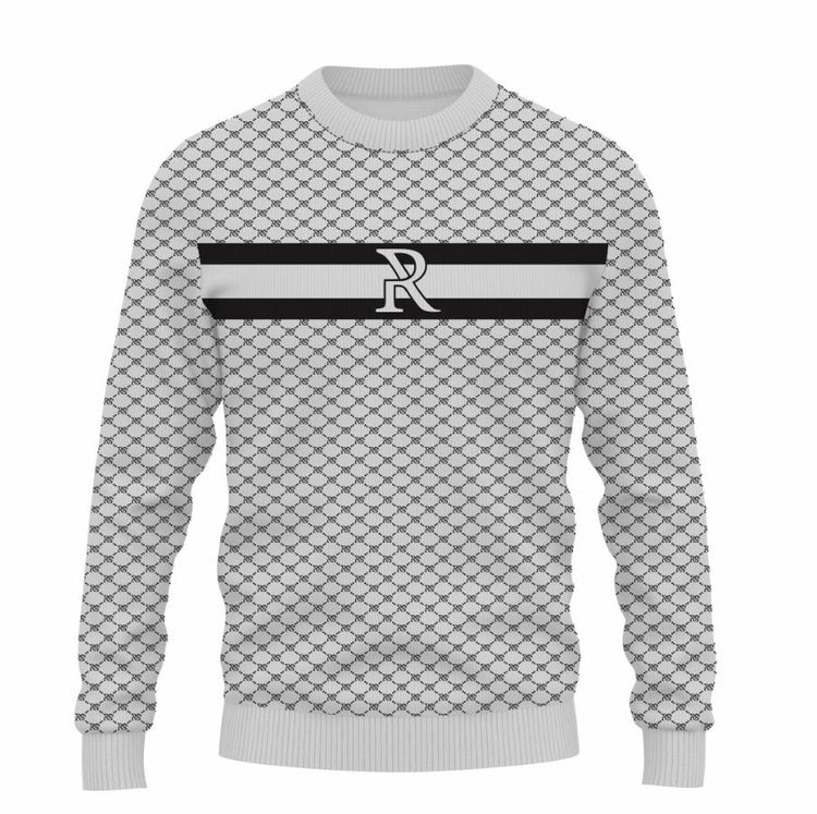 Gray patterned sweater with a black and white logo on a white background