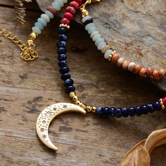 7 Chakra Moon Necklace - Healing Crystal Jewelry for Balance & Energy