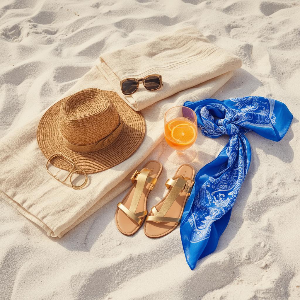 Beach essentials flat lay on white sand