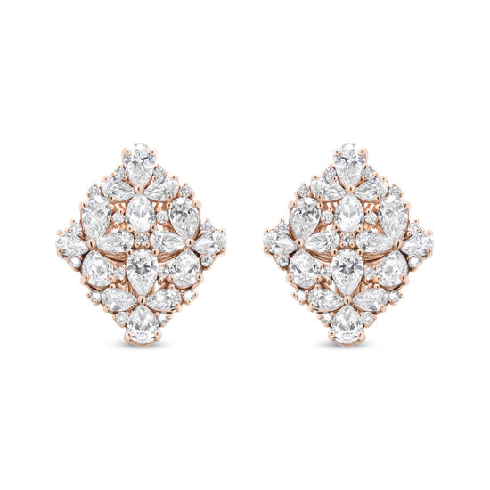 18K Rose Gold Pear Diamond Floral Cluster Omega Earrings - 8.33 Cttw