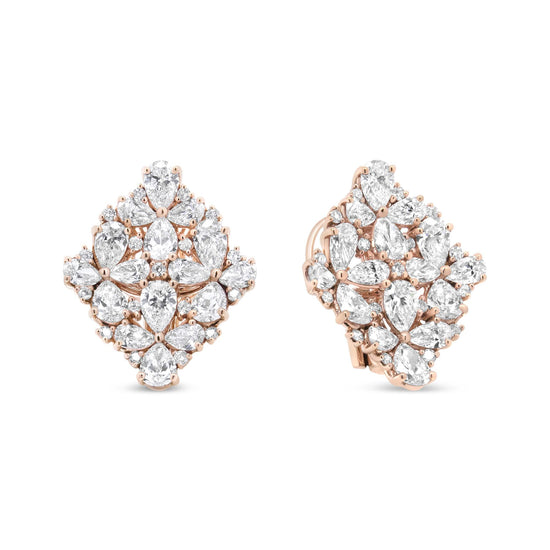 18K Rose Gold Pear Diamond Floral Cluster Omega Earrings - 8.33 Cttw