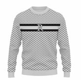 Gray patterned sweater with a black and white logo on a white background