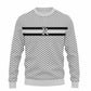 Gray patterned sweater with a black and white logo on a white background