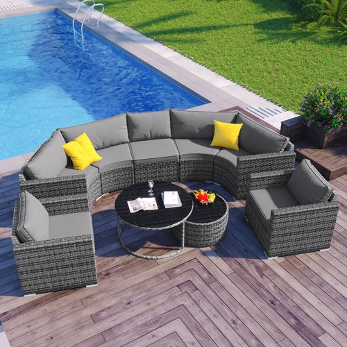 Luxury 9-Piece Half-Moon Outdoor Sofa Set - Modern Gray Wicker Patio Furniture