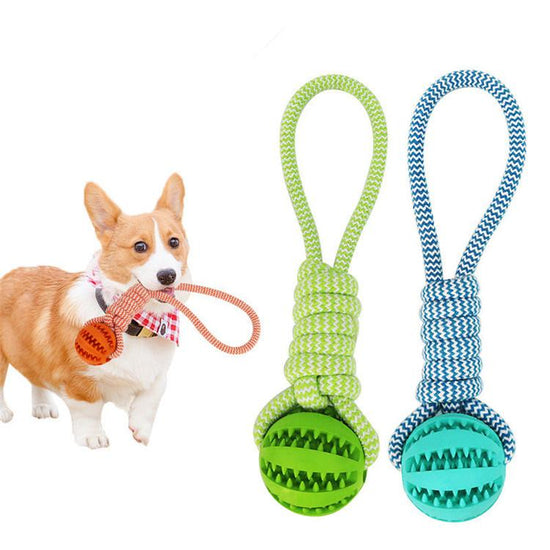 Genuine Durable Rubber Ball Chew Toy with Cotton Rope - Dog