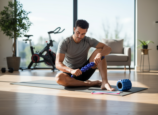 Athlete using roller stick on calves