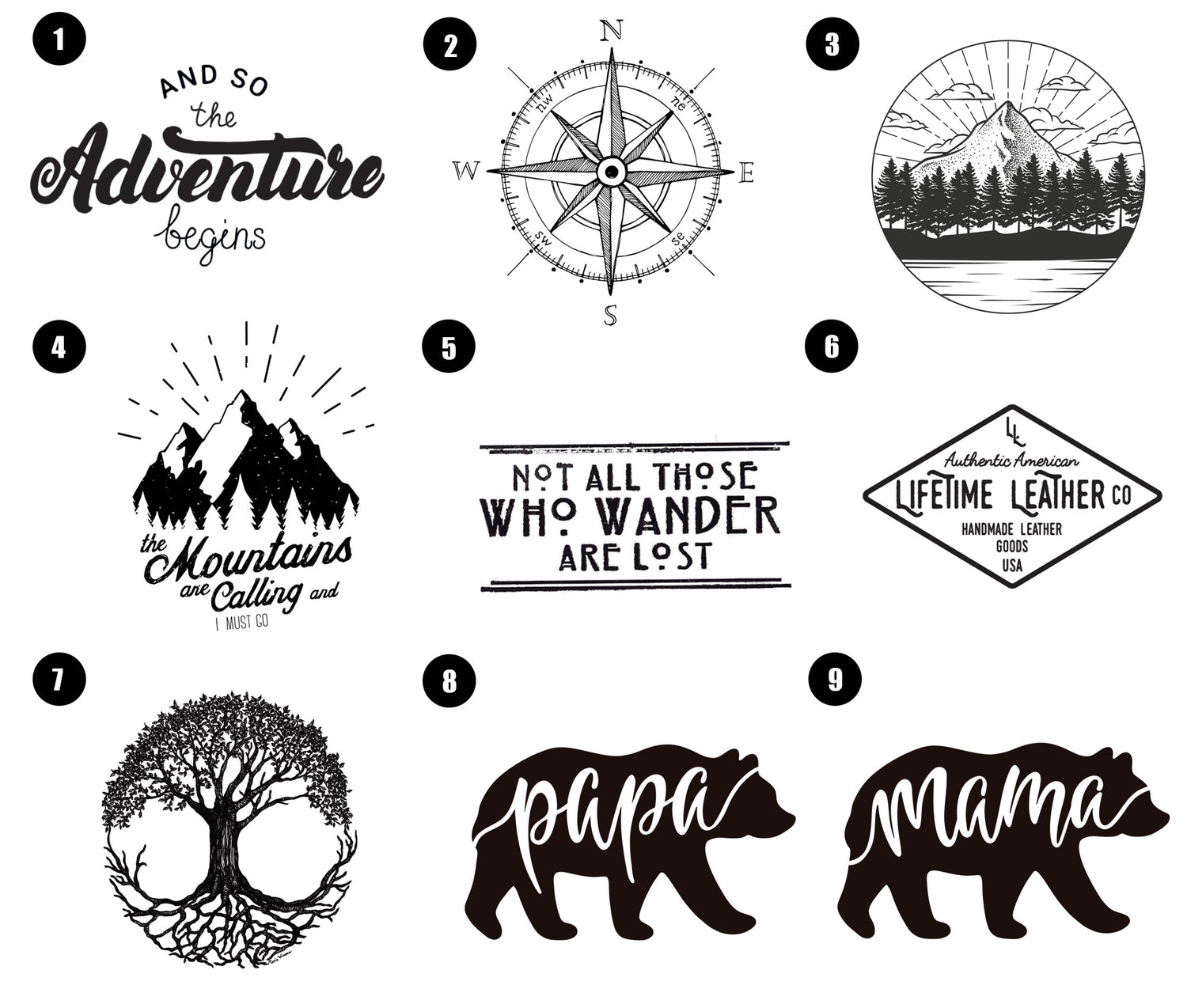 Collection of black and white graphic designs with text and nature elements on a white background.