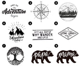 Collection of black and white graphic designs with text and nature elements on a white background.