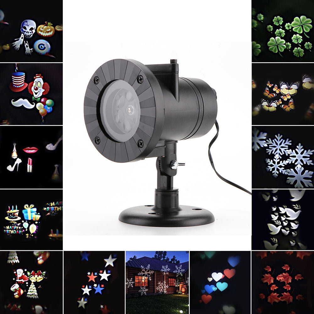 Black outdoor light projector with various colorful light patterns on a white background