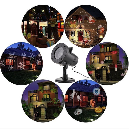 Outdoor light projector with animated holiday scenes displayed around it.