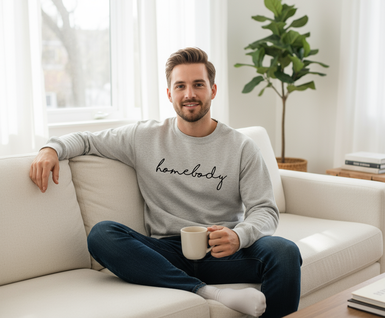 Male model wearing Homebody sweatshirt