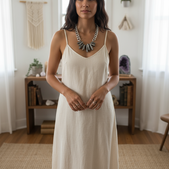 Model wearing crystal quartz necklace