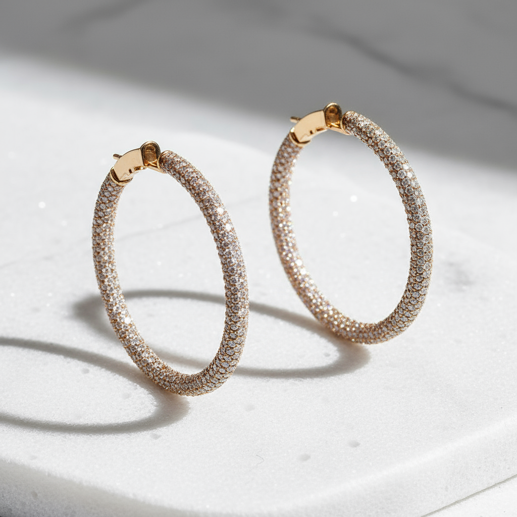 Rose gold diamond eternity hoops studio shot
