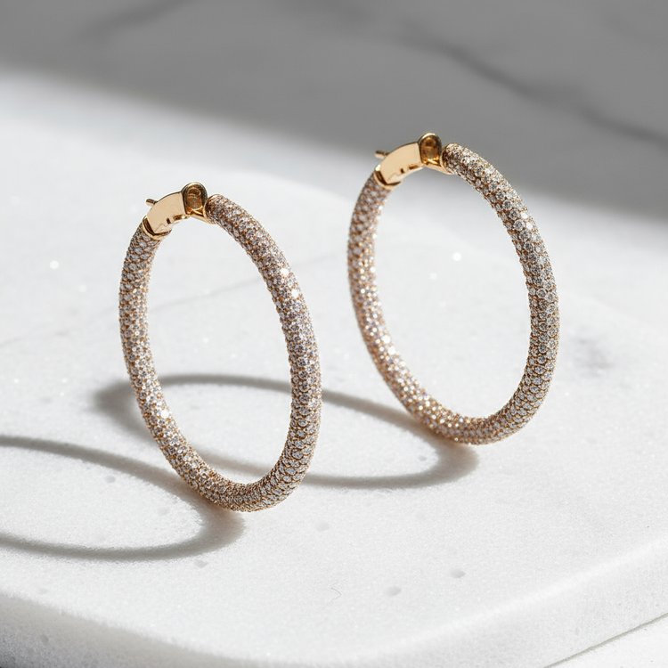 Rose gold diamond eternity hoops studio shot