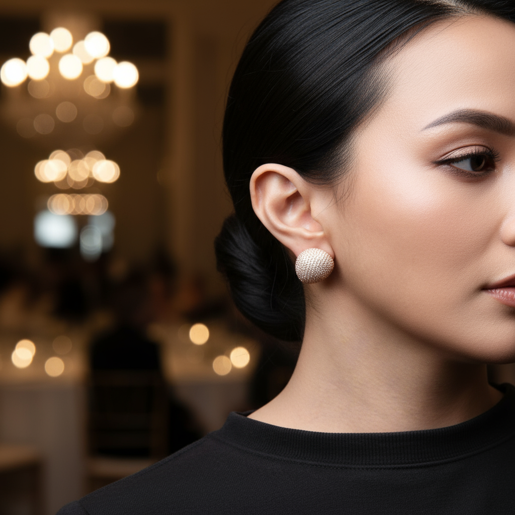 Woman wearing diamond earrings at gala